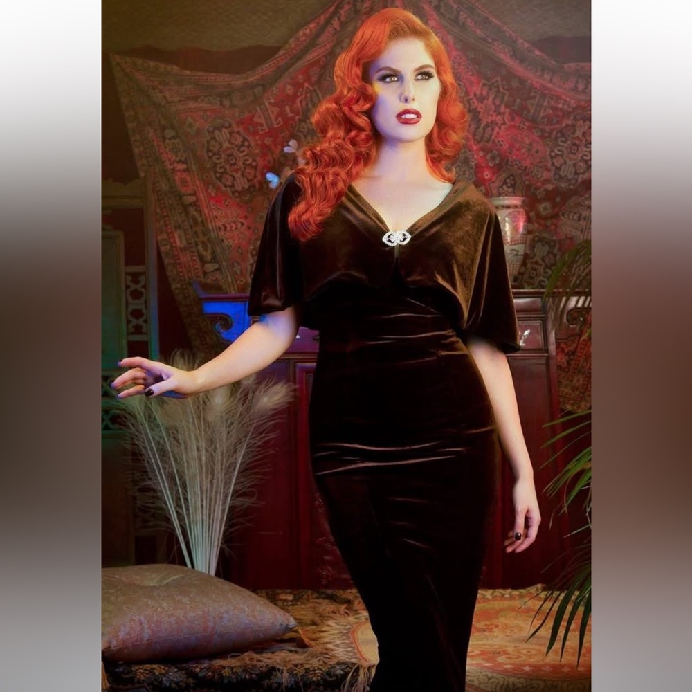 Gilda chocolate velvet gown by Pin Up Couture Laura Byrnes 2x